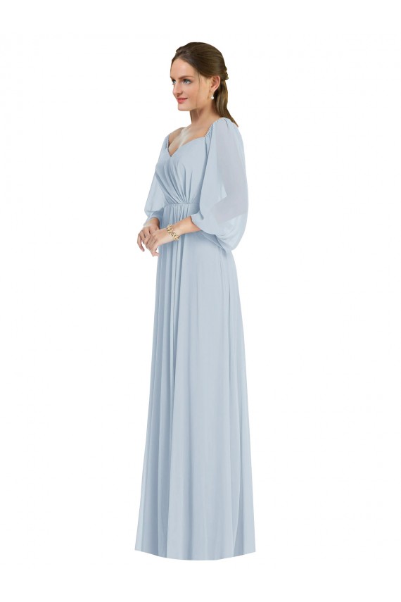 Affordable Puff Sleeves Sweetheart Soft Chiffon Sea Glass Long Formal Evening Dress