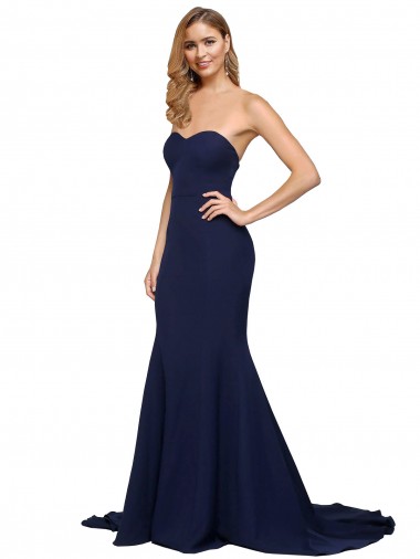 Affordable Sleeveless Sweetheart Stretch Crepe Dark Navy Sweep Train Formal Evening Dress