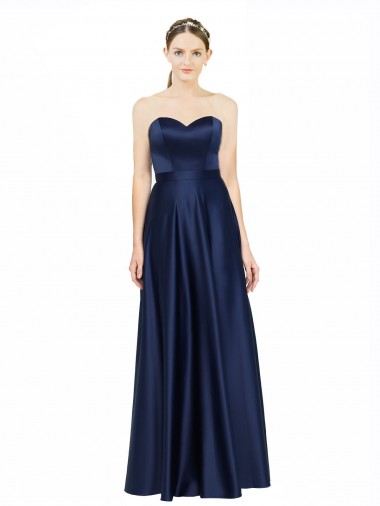 Affordable Sleeveless Sweetheart Stretch Satin Dark Navy Long Black Tie Evening Dress