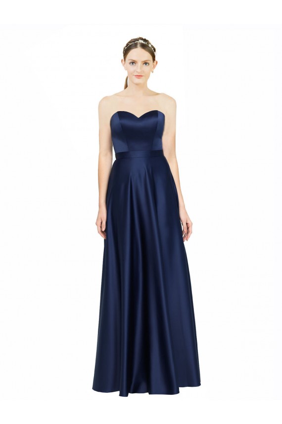 Affordable Sleeveless Sweetheart Stretch Satin Dark Navy Long Black Tie Evening Dress