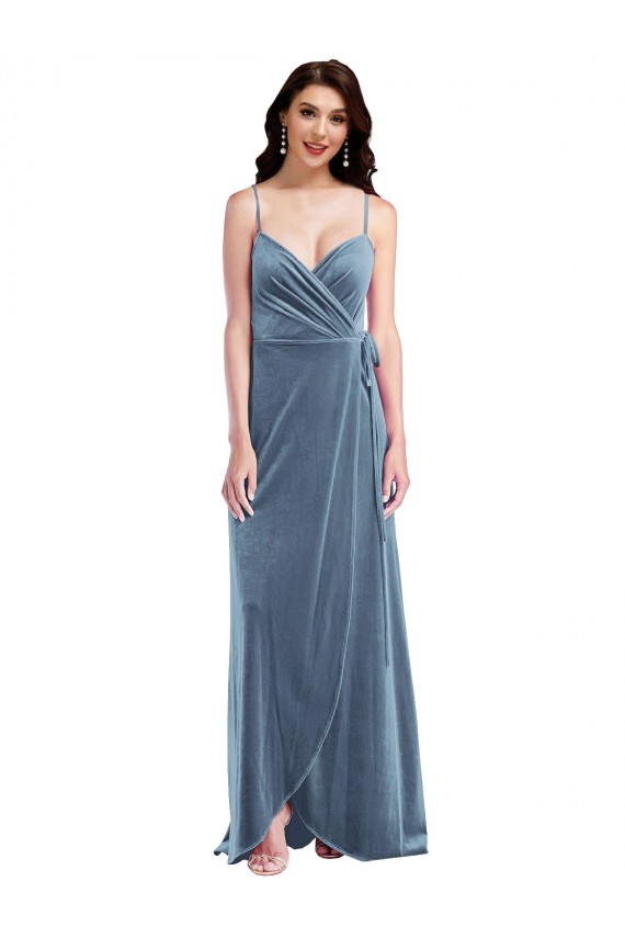 Affordable Sleeveless Sweetheart Stretch Velvet Dusty Blue Long Semi Formal Evening Dress