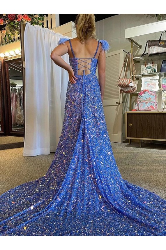 Affordable Sleeveless V-Neck Velvet Sequin Court Train Evening Dress