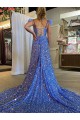 Affordable Sleeveless V-Neck Velvet Sequin Court Train Evening Dress