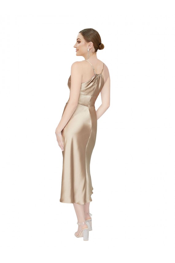 Affordable Sleeveless V-Neck Silky Satin Midi Length Formal Evening Dress
