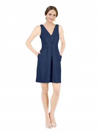 Affordable Sleeveless V-Neck Satin Dark Navy Knee Length Evening Dress