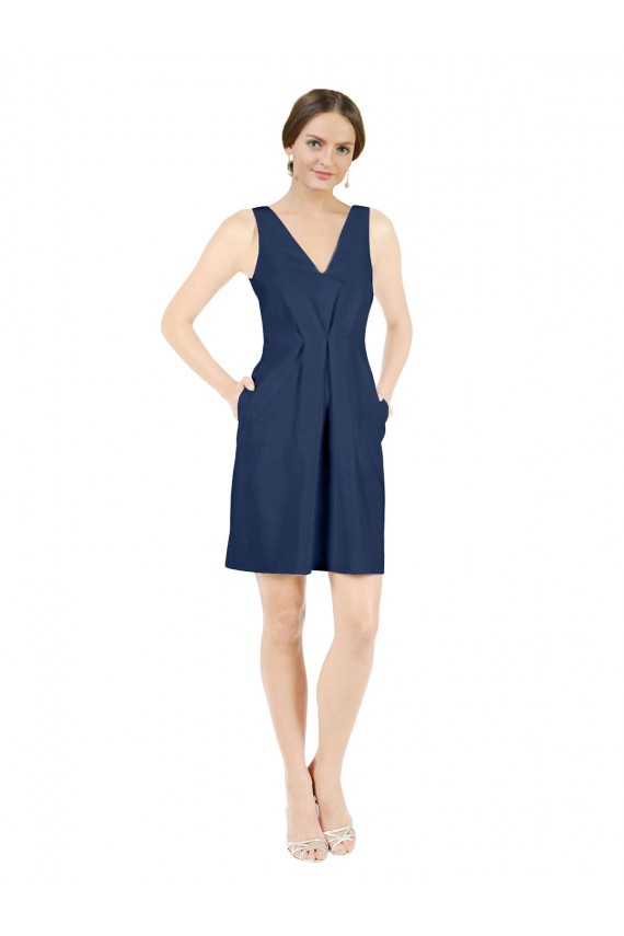 Affordable Sleeveless V-Neck Satin Dark Navy Knee Length Evening Dress