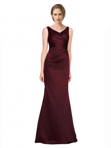 Affordable Sleeveless V-Neck Satin Burgundy Long Black Tie Evening Dress