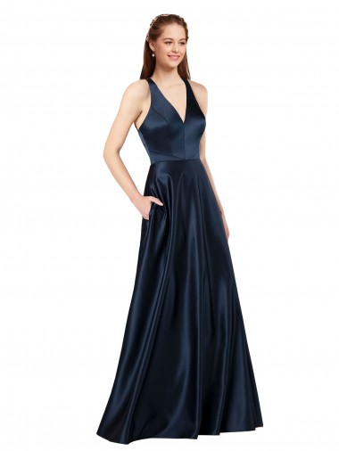 Affordable Sleeveless V-Neck Satin Dark Navy Long Formal Evening Dress
