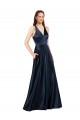 Affordable Sleeveless V-Neck Satin Dark Navy Long Formal Evening Dress