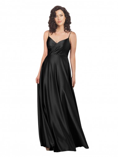 Affordable Sleeveless V-Neck Silky Satin Black Long Formal Dress