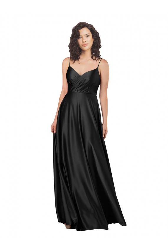 Affordable Sleeveless V-Neck Silky Satin Black Long Formal Dress