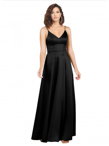 Affordable Sleeveless V-Neck Silky Satin Black Long Formal Evening Dress