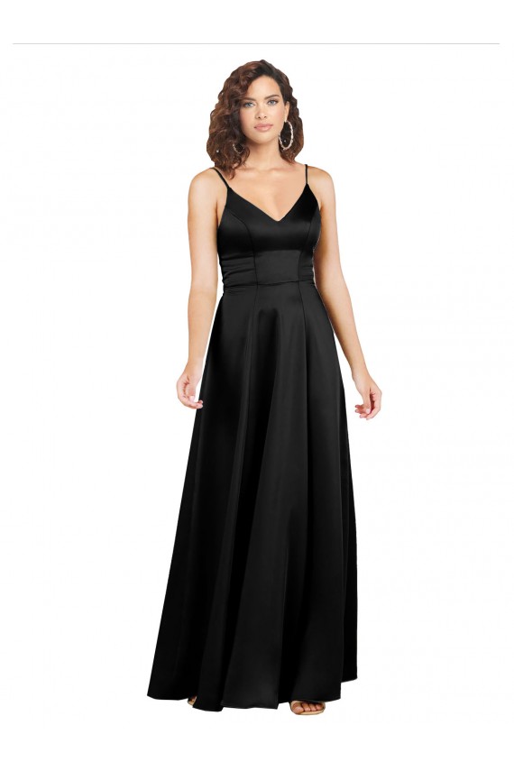 Affordable Sleeveless V-Neck Silky Satin Black Long Formal Evening Dress