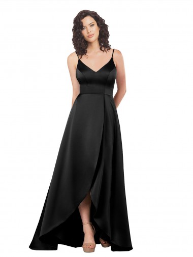Affordable Sleeveless V-Neck Silky Satin Black Long High Low Evening Dress