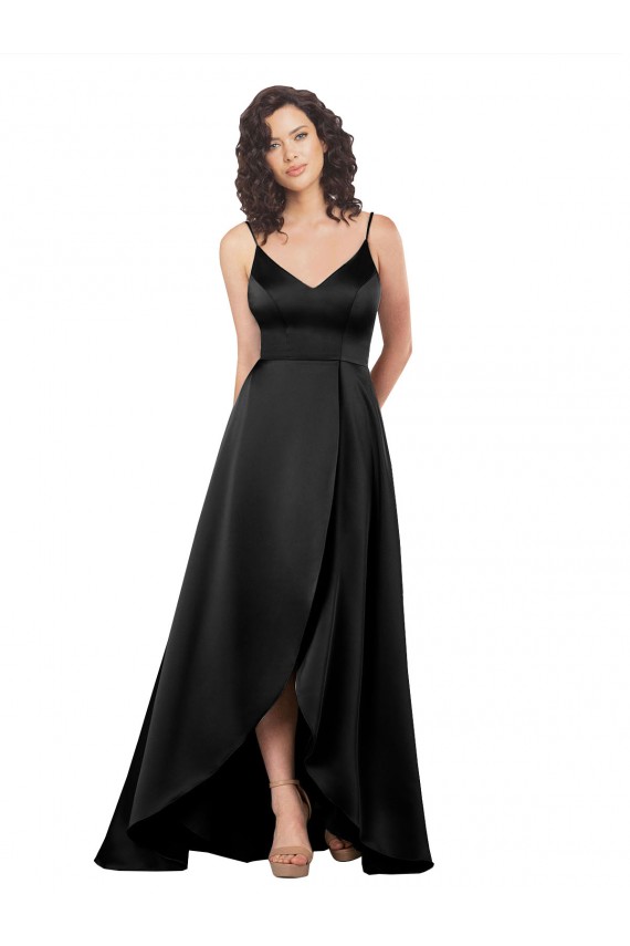 Affordable Sleeveless V-Neck Silky Satin Black Long High Low Evening Dress