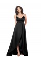 Affordable Sleeveless V-Neck Silky Satin Black Long High Low Evening Dress