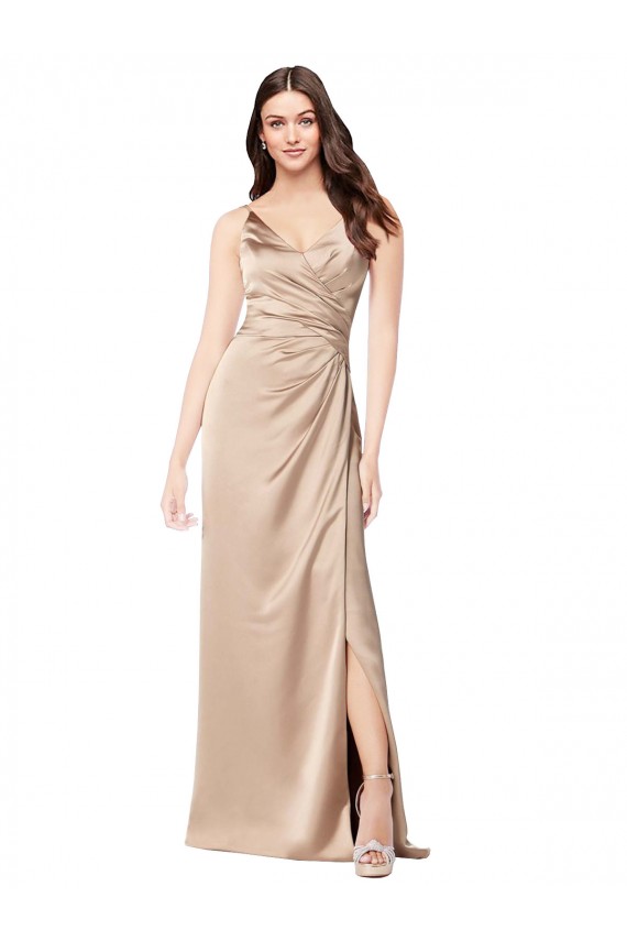 Affordable Sleeveless V-Neck Silky Satin Champagne Pink Long Formal Evening Dress