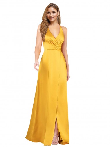 Affordable Sleeveless V-Neck Silky Satin Long Formal Dress
