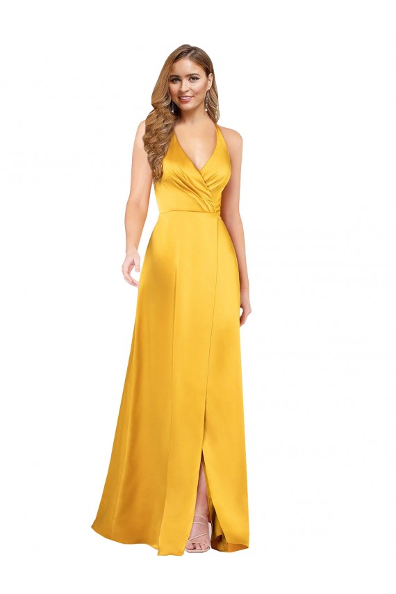 Affordable Sleeveless V-Neck Silky Satin Long Formal Dress