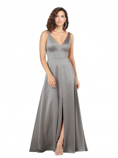 Affordable Sleeveless V-Neck Silky Satin Pearl Grey Long Formal Evening Dress