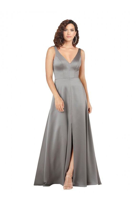 Affordable Sleeveless V-Neck Silky Satin Pearl Grey Long Formal Evening Dress