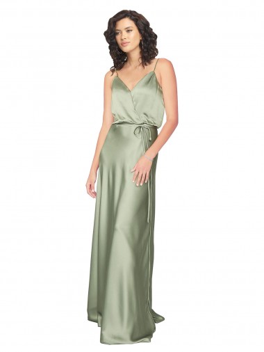 Affordable Sleeveless V-Neck Silky Satin Smoke Green Long Formal Evening Dress