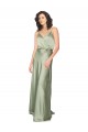 Affordable Sleeveless V-Neck Silky Satin Smoke Green Long Formal Evening Dress