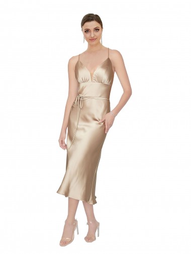 Affordable Sleeveless V-Neck Silky Satin Midi Length Formal Evening Dress