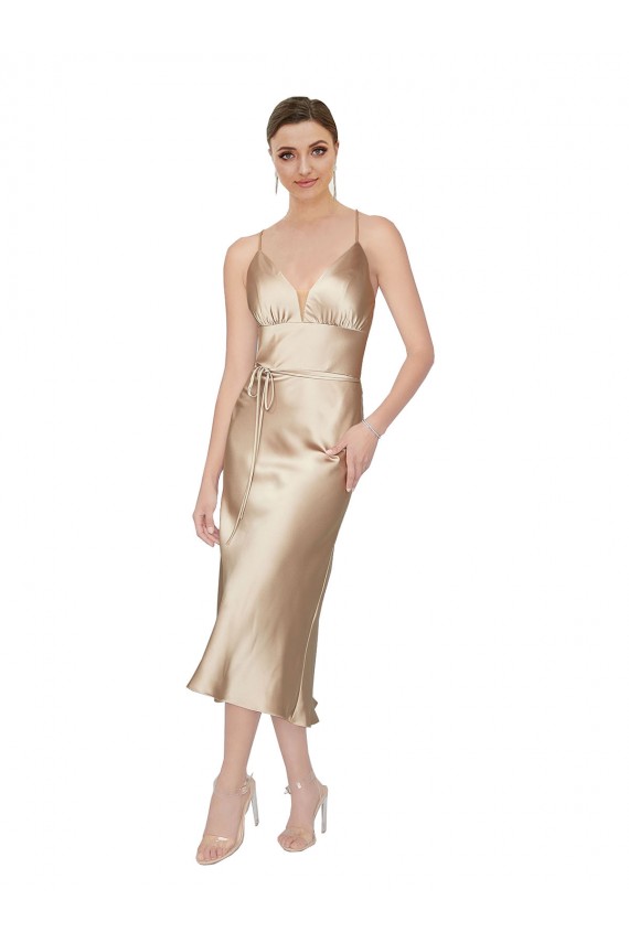 Affordable Sleeveless V-Neck Silky Satin Midi Length Formal Evening Dress
