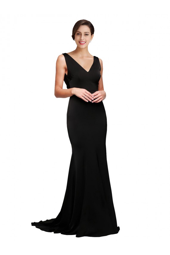 Affordable Sleeveless V-Neck Silky Satin Black Sweep Train Formal Evening Dress