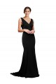 Affordable Sleeveless V-Neck Silky Satin Black Sweep Train Formal Evening Dress