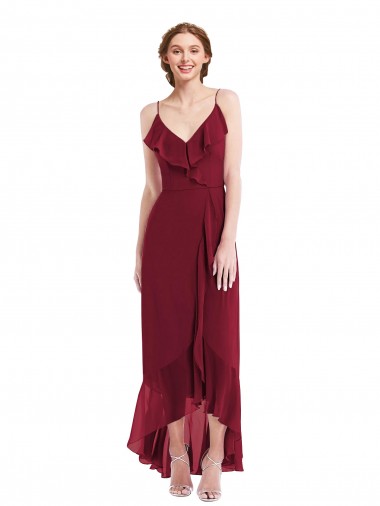Affordable Sleeveless V-Neck Soft Chiffon Burgundy Long High Low Evening Dress