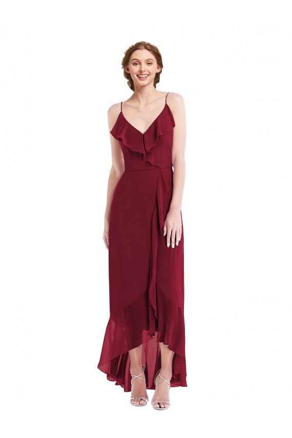 Affordable Sleeveless V-Neck Soft Chiffon Burgundy Long High Low Evening Dress