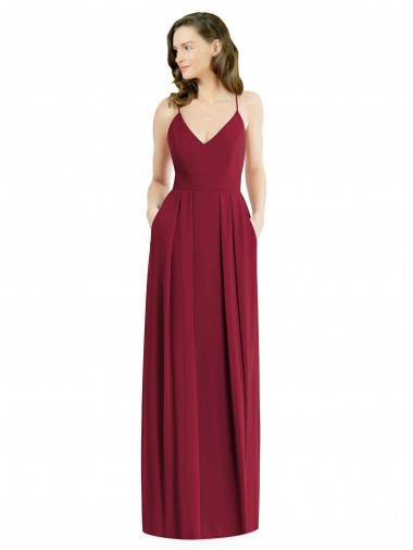 Affordable Sleeveless V-Neck Soft Chiffon Burgundy Long Semi Formal Evening Dress