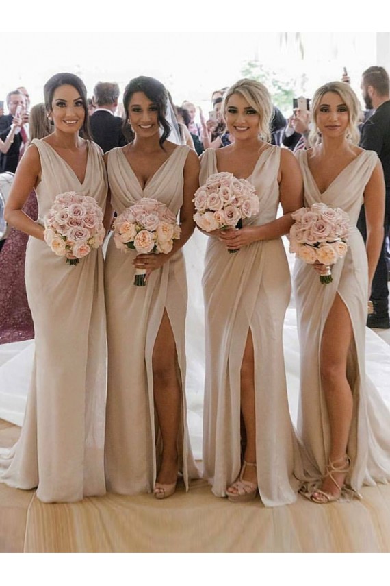 Affordable Sleeveless V-Neck Soft Chiffon Champagne Long Evening Dress