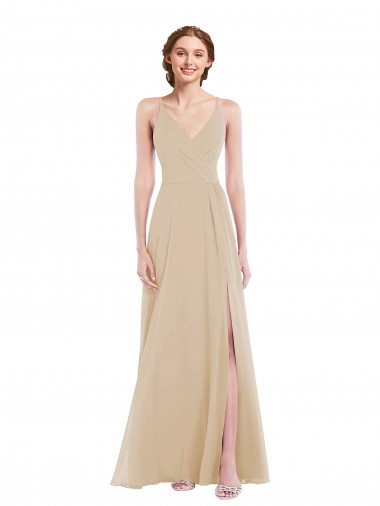 Affordable Sleeveless V-Neck Soft Chiffon Champagne Long Semi Formal Evening Dress