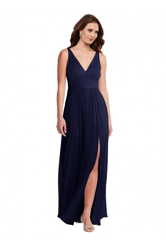 Affordable Sleeveless V-Neck Soft Chiffon Dark Navy Long Black Tie Evening Dress