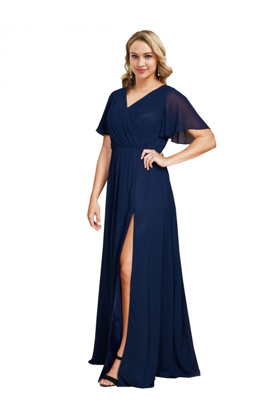 Affordable Short Flutter Sleeves V-Neck Soft Chiffon Dark Navy Long Plus Size Formal Evening Dress