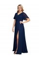 Affordable Short Flutter Sleeves V-Neck Soft Chiffon Dark Navy Long Plus Size Formal Evening Dress