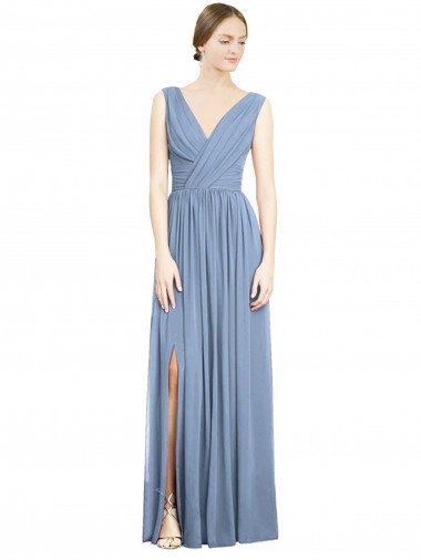 Affordable Sleeveless V-Neck Soft Chiffon Dusty Blue Long Semi Formal Evening Dress