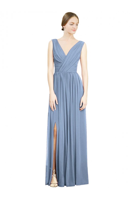 Affordable Sleeveless V-Neck Soft Chiffon Dusty Blue Long Semi Formal Evening Dress