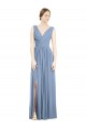 Affordable Sleeveless V-Neck Soft Chiffon Dusty Blue Long Semi Formal Evening Dress