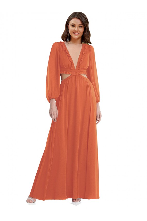 Affordable Long Sleeves V-Neck Soft Chiffon Firecracker Long High Low Evening Dress