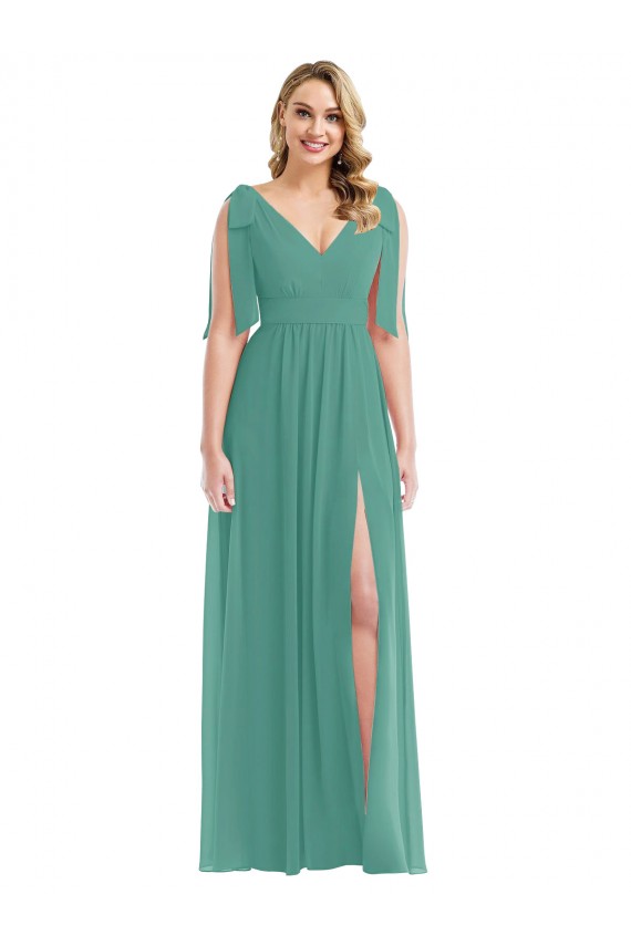 Affordable Sleeveless V-Neck Soft Chiffon Icelandic Silver Long Semi Formal Evening Dress