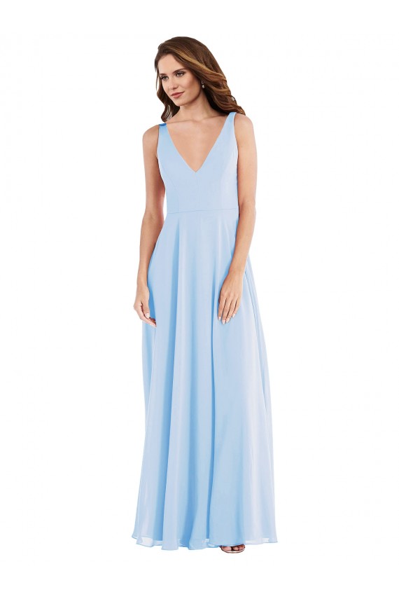 Affordable Sleeveless V-Neck Soft Chiffon Light Sky Blue Long Semi Formal Evening Dress