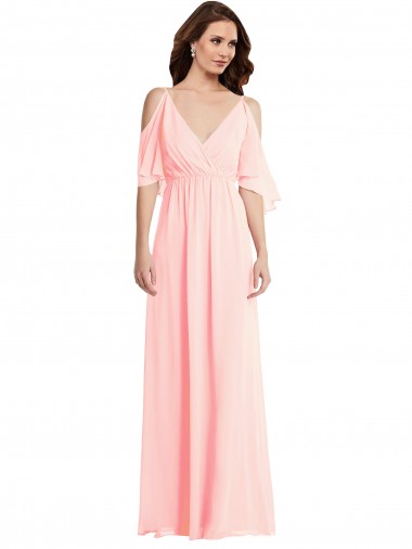 Affordable Cold Shoulder V-Neck Soft Chiffon Pink Long Semi Formal Evening Dress