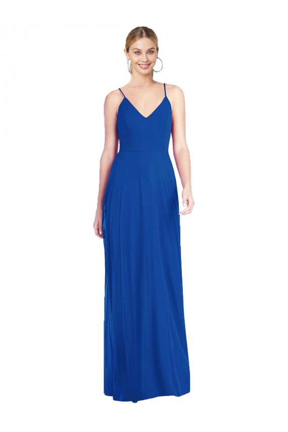 Affordable Sleeveless V-Neck Soft Chiffon Royal Blue Long Formal Dress
