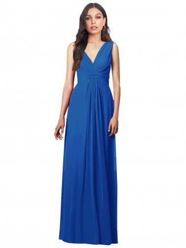 Affordable Sleeveless V-Neck Soft Chiffon Royal Blue Long Semi Formal Evening Dress