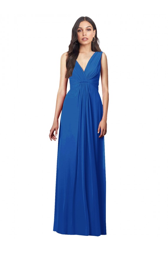 Affordable Sleeveless V-Neck Soft Chiffon Royal Blue Long Semi Formal Evening Dress