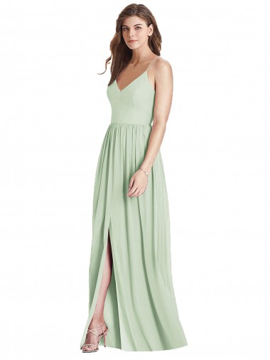 Affordable Sleeveless V-Neck Soft Chiffon Sage Long Semi Formal Evening Dress